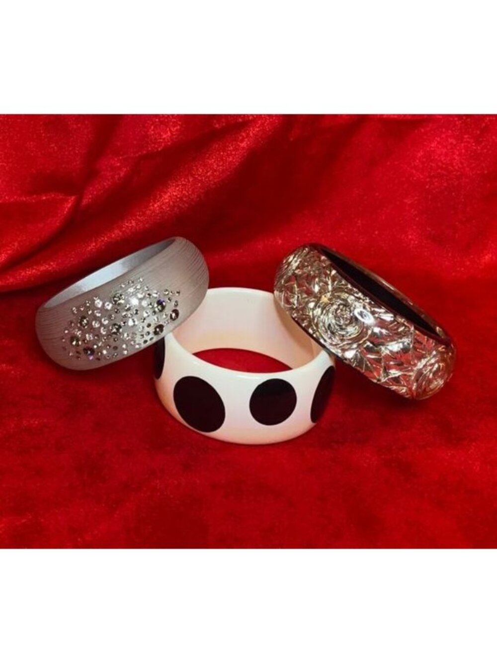 Retro Bangle Bracelet Lot Polka Dot Rhinestone Lucite Resin Set Of 3 Vintage